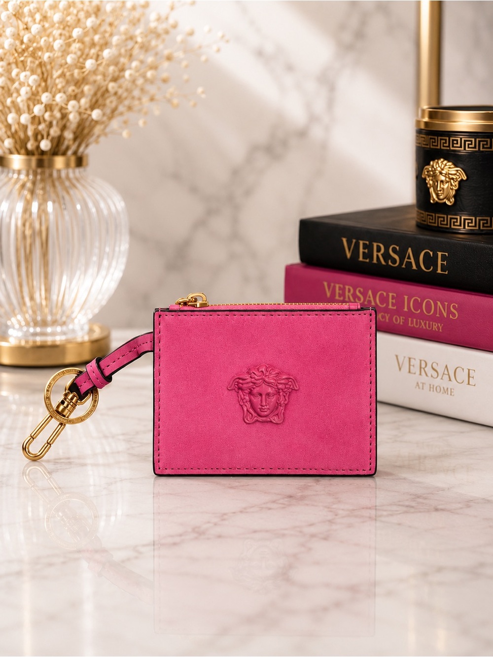 Versace Pink Suede Card Holder with Medusa Detail | Brand New Full Set